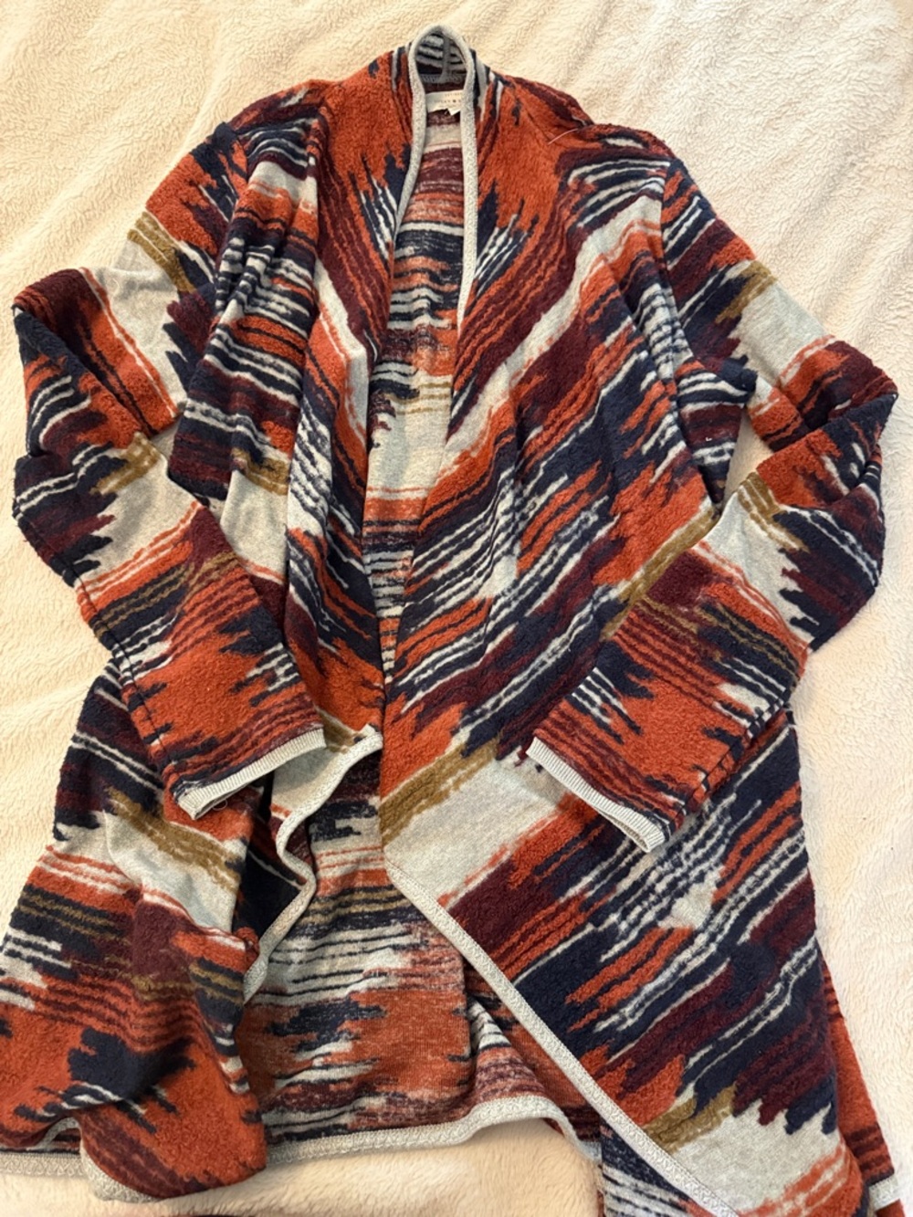 Lucky Brand Open-Front Aztec Duster in Rust, Navy & Cream, size Large